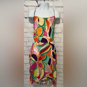 SKY TO MOON Colorful RETRO FLORAL Crepe DRAPE NECK Sundress Dress Girls Medium